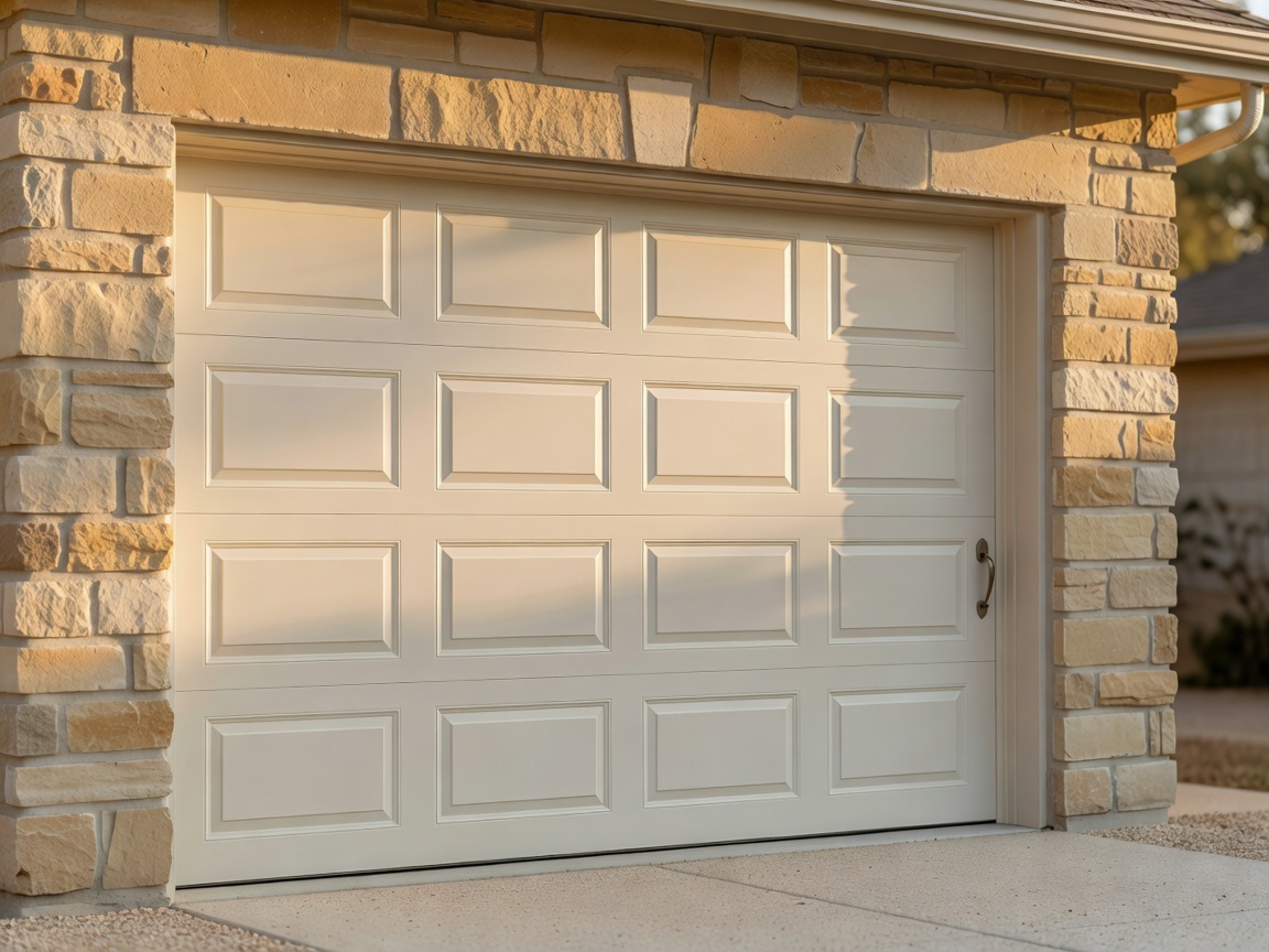 Classic raised panel residential garage door in warm sandstone exterior