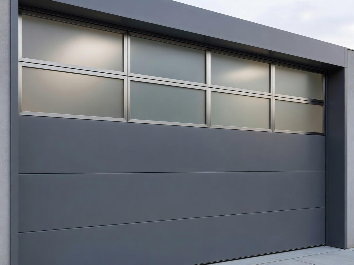 Contemporary garage door with architectural satin glass window inserts