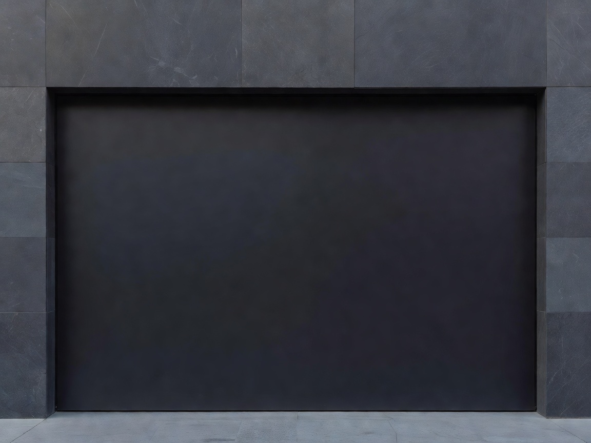 Minimalist dark aluminum garage door mounted flush with stone facade