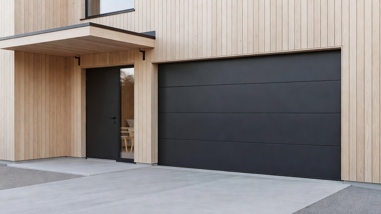 Modern dark charcoal sectional garage door installed on a contemporary Scandinavian home entrance