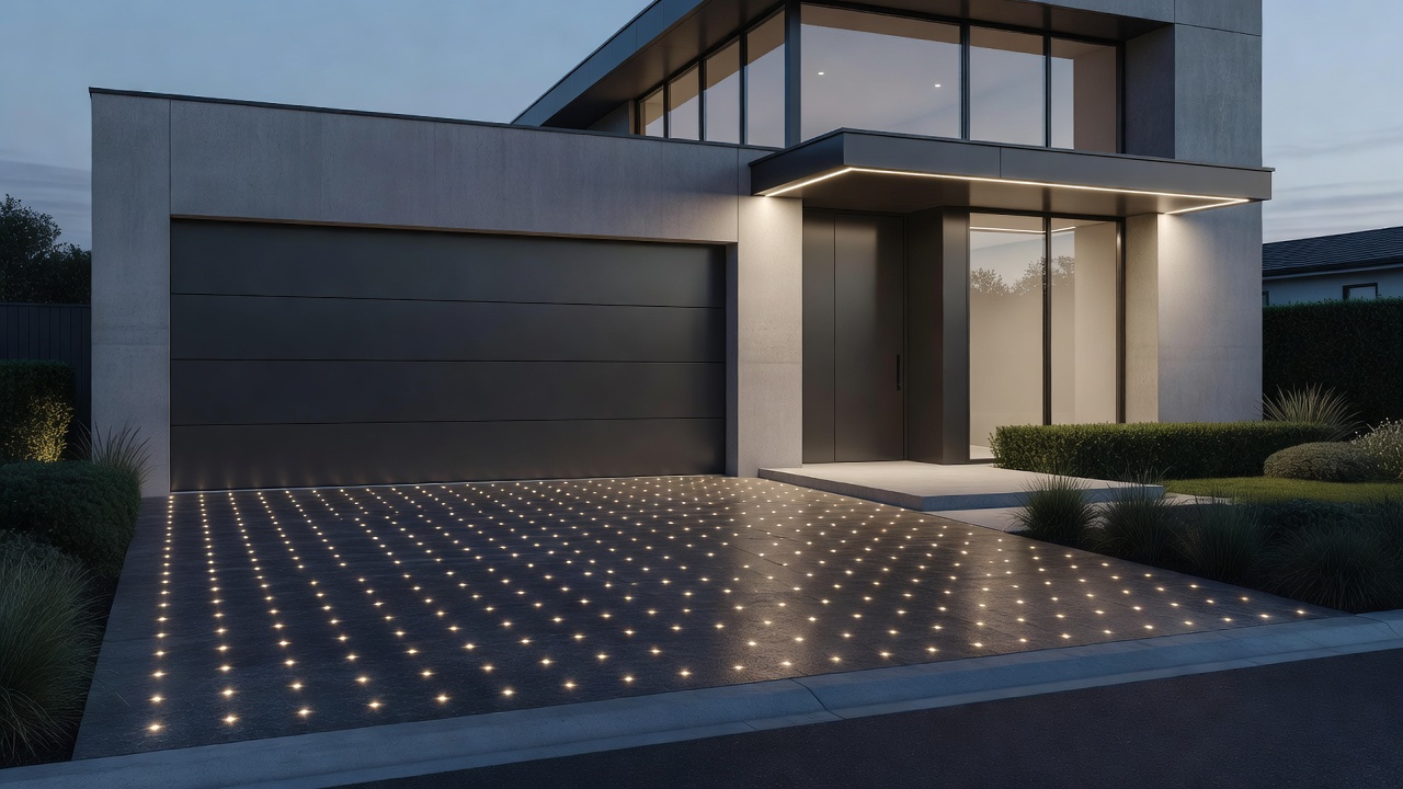 Modern residential garage entrance with illuminated architectural driveway